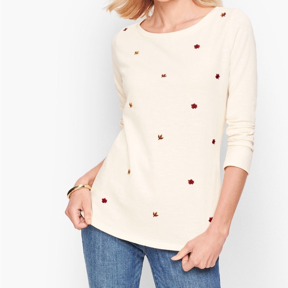 Talbots Cream Long Sleeve cotton Top with embroidered Floral fall leaves